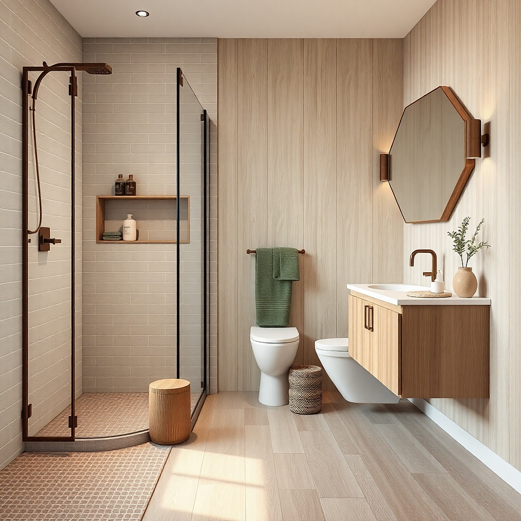Corner shower with recessed shelf and clear glass door