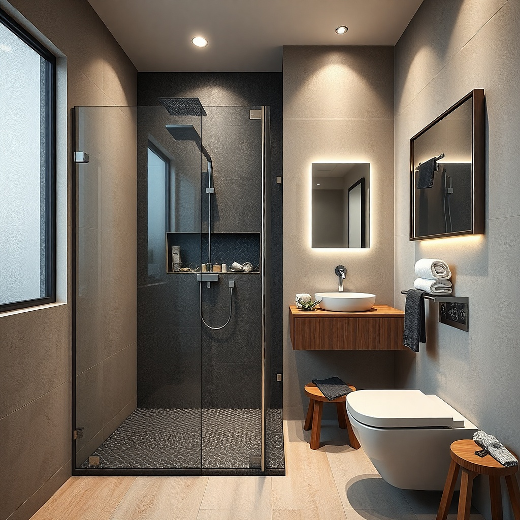Corner shower with built-in shower head wall and recessed niche