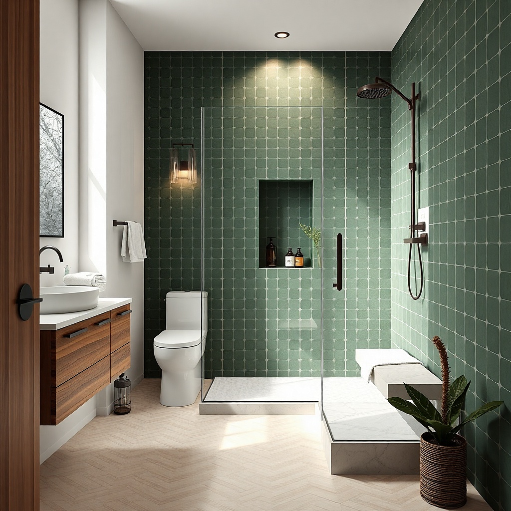 Corner shower with bench and vertical tile lines