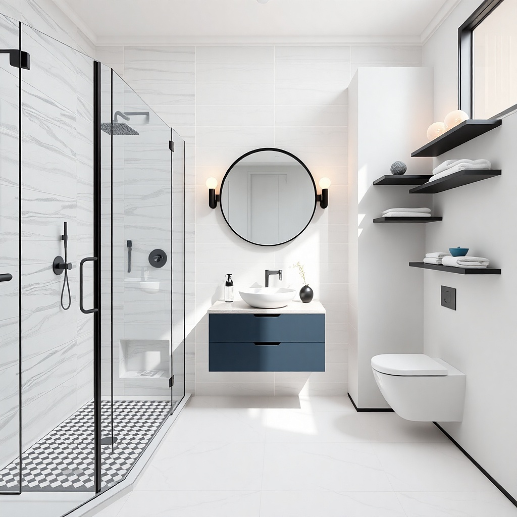 White corner shower with matte black fixtures and clear glass