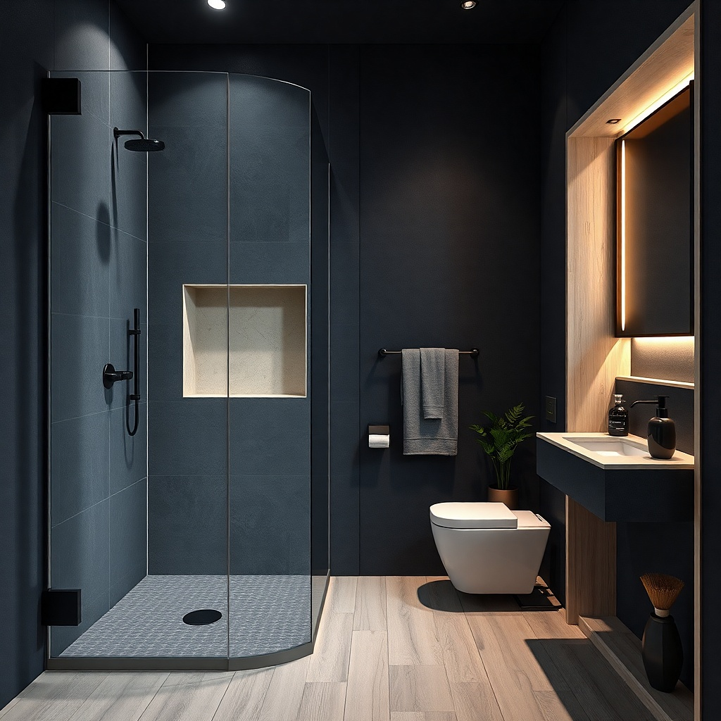 Corner shower with wood-look tile accent and light gray walls