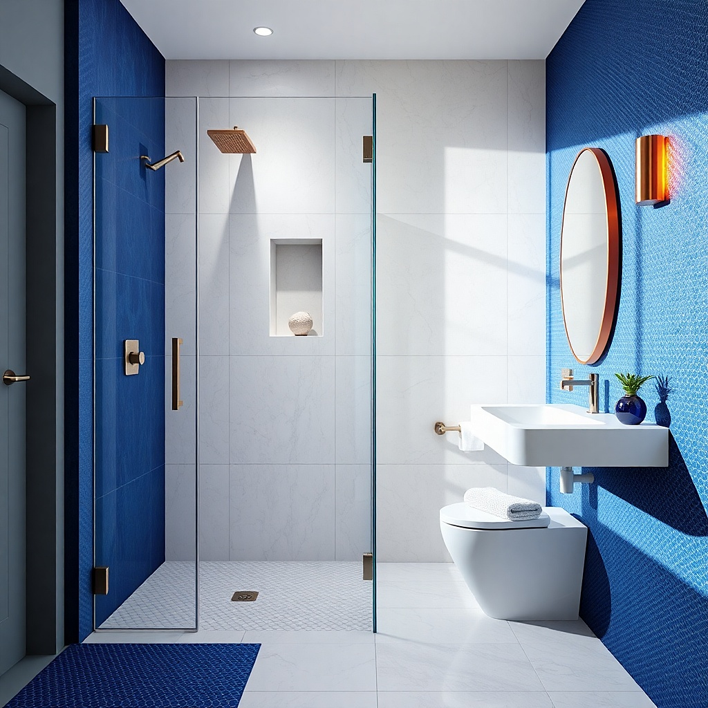 Corner shower with clear glass and a side panel covering plumbing wall