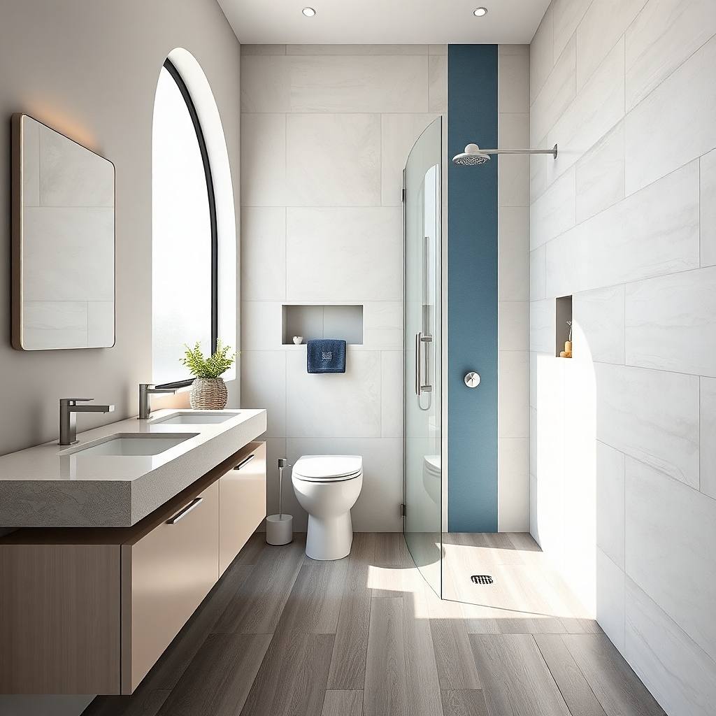 Corner shower with sloped floor and large wall tiles