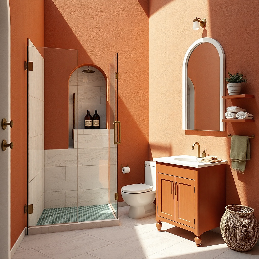 Corner shower with partial wall and open glass splash guard