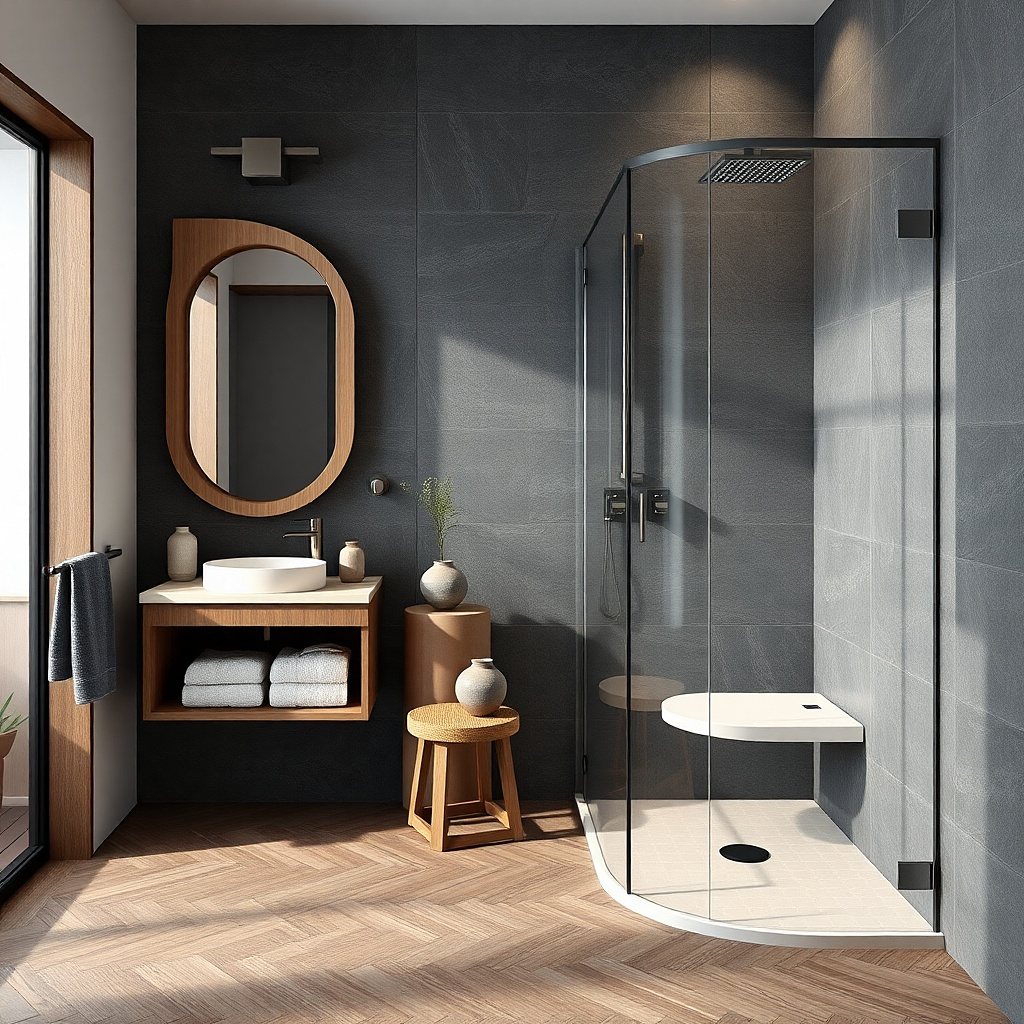 Corner shower with recessed seat and full-width clear glass