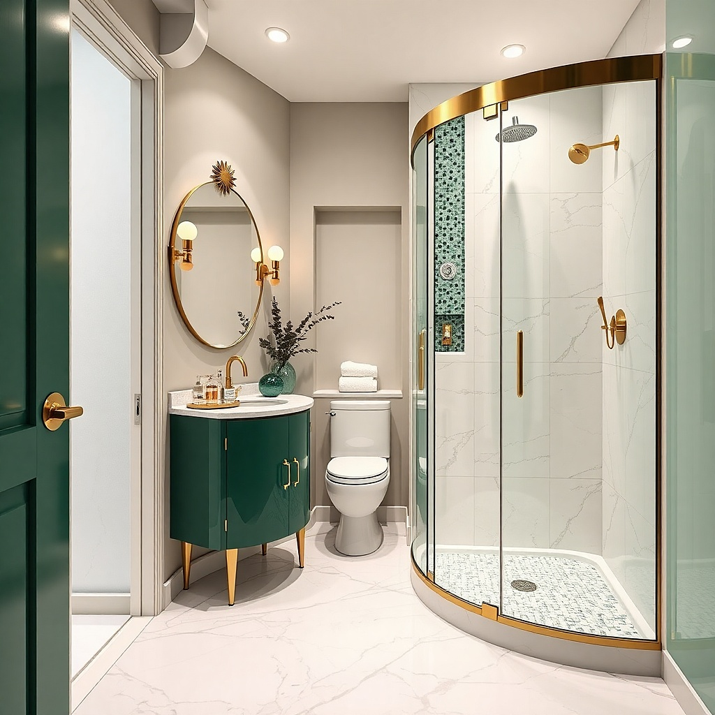 Corner shower with diagonal floor tile and light wall tile