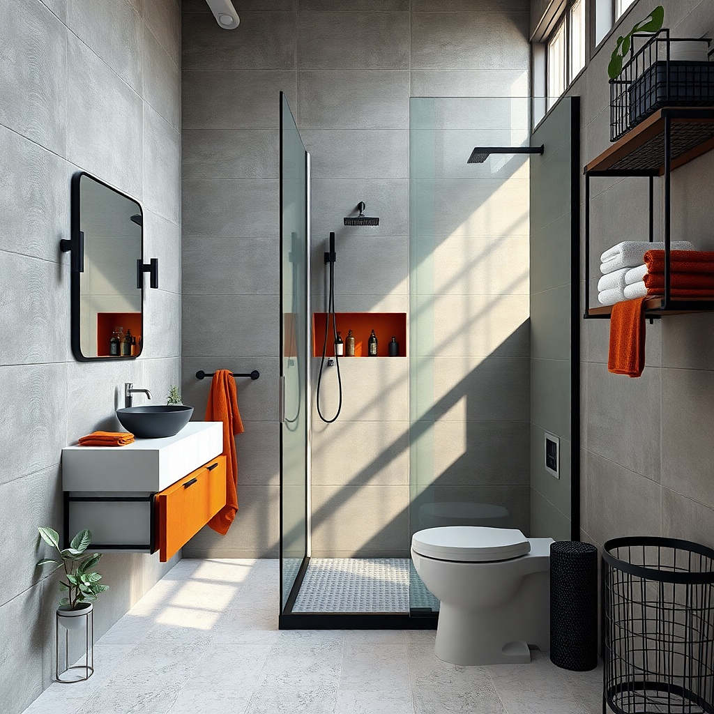 Corner shower in monochrome tile with a slim niche line