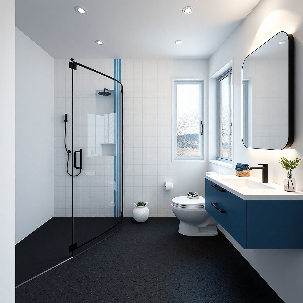 Corner shower with black floor tile and white wall tile