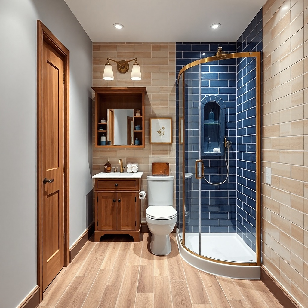 Corner shower with a built-in shelf near vanity and clear glass