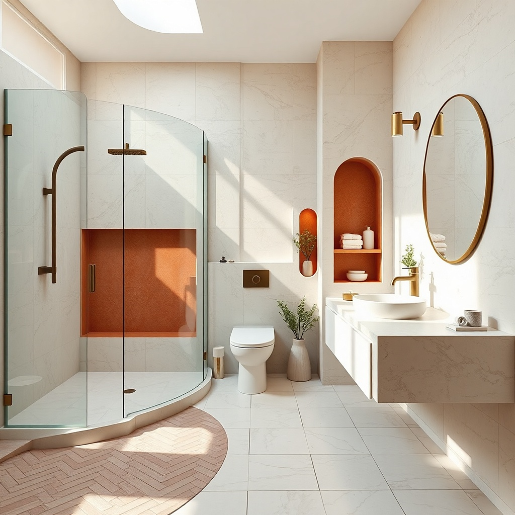 Corner shower with stone-look tile and warm brass fixtures