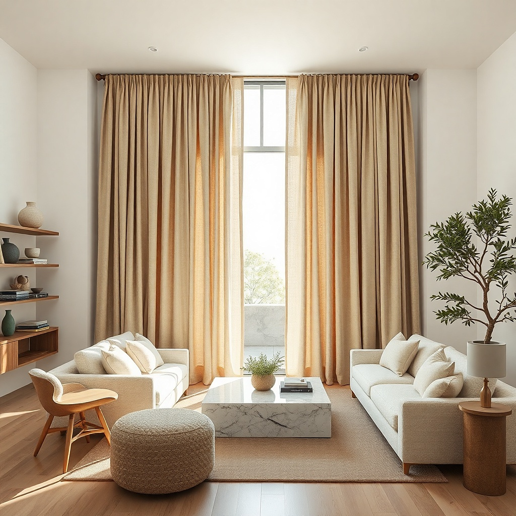 Oatmeal linen curtains hung high in a small bright living room