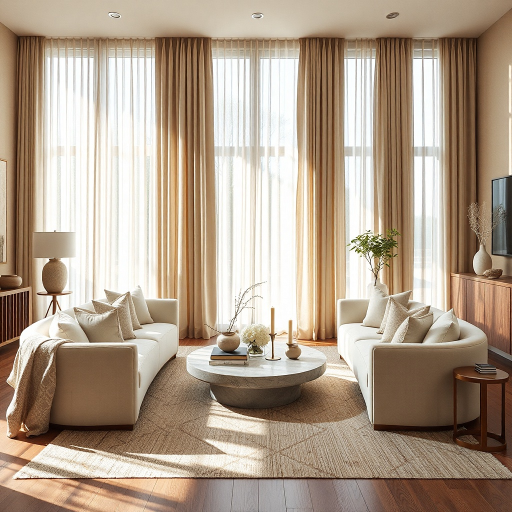 Sheer beige inner curtains with sand drapes on a double rod