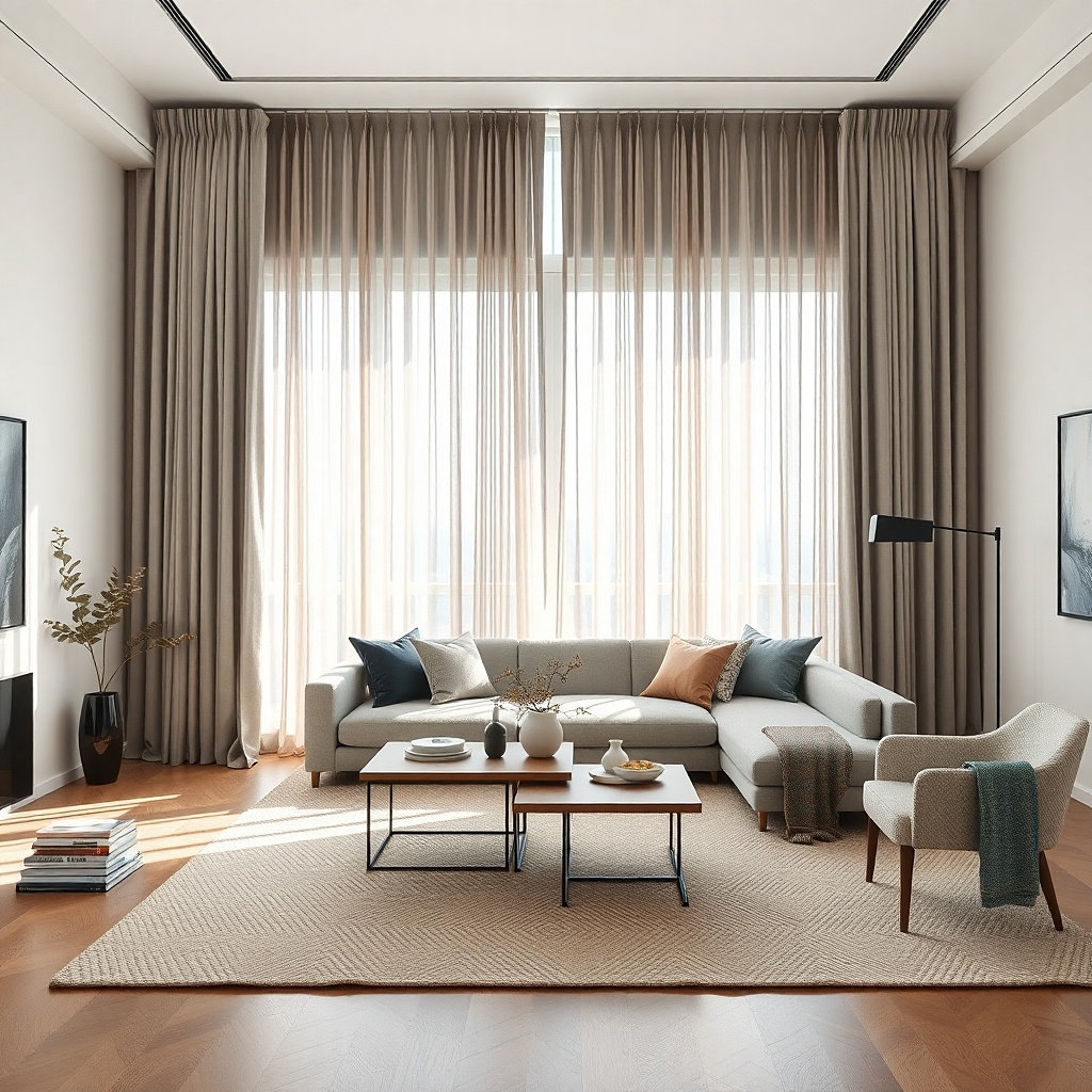 Greige beige pinch-pleat curtains beside a gray sofa