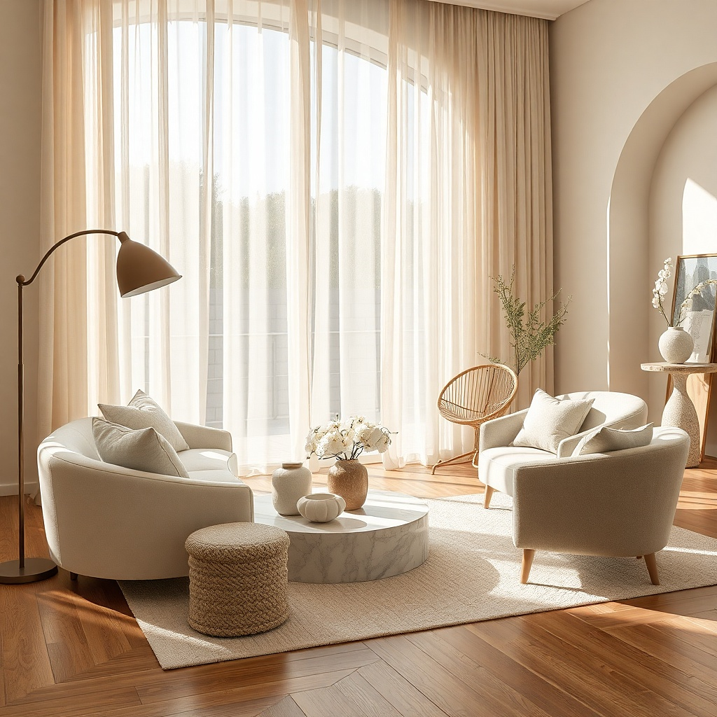 Light beige voile curtains floor puddle