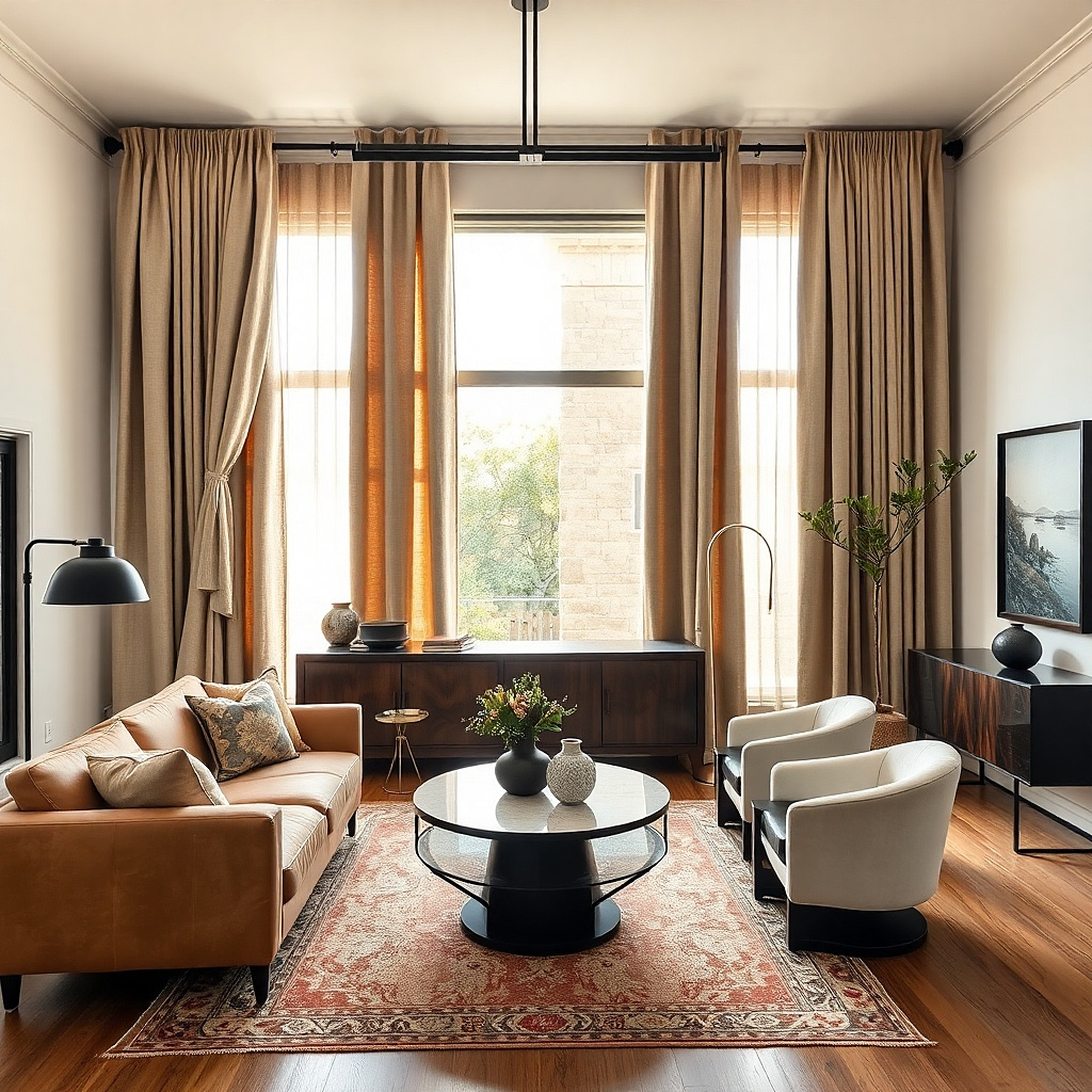 Flax beige curtains on a black rod in a small apartment living room