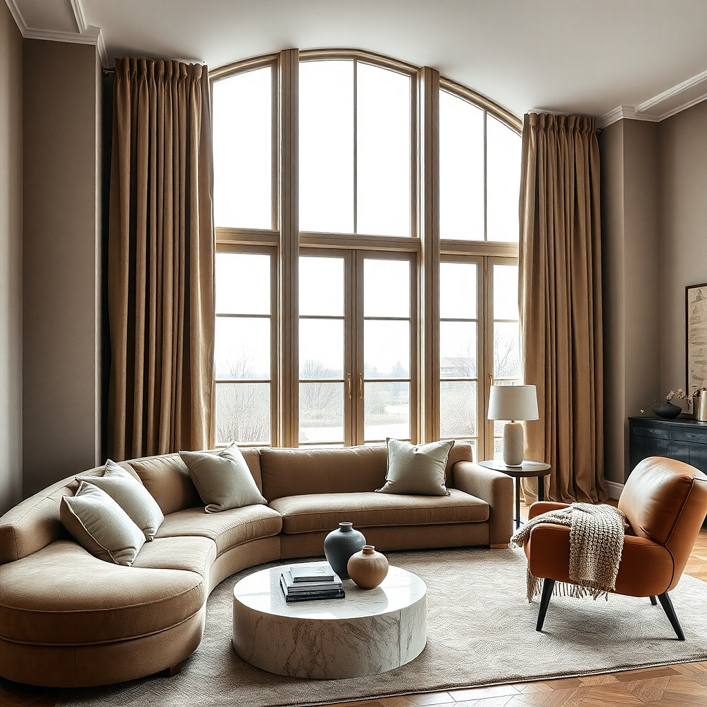 Taupe beige velvet curtains in a small cozy apartment living room