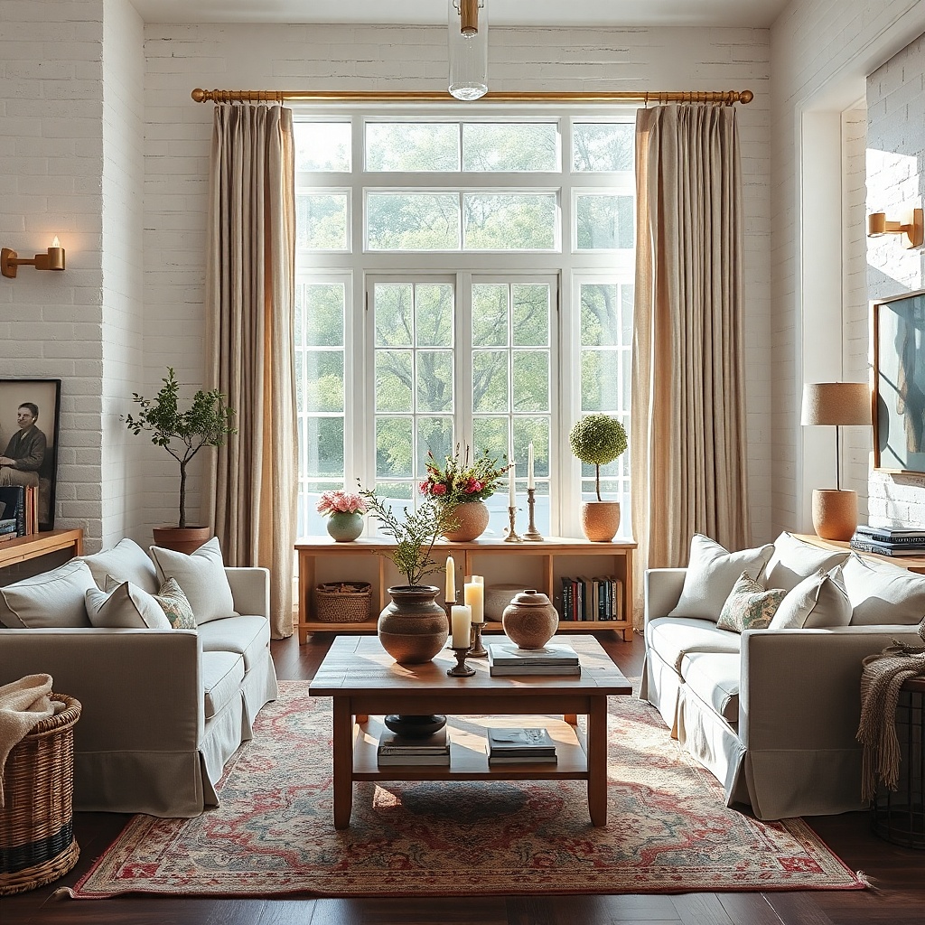 Biscuit beige cafe curtains with long side panels in a living room window