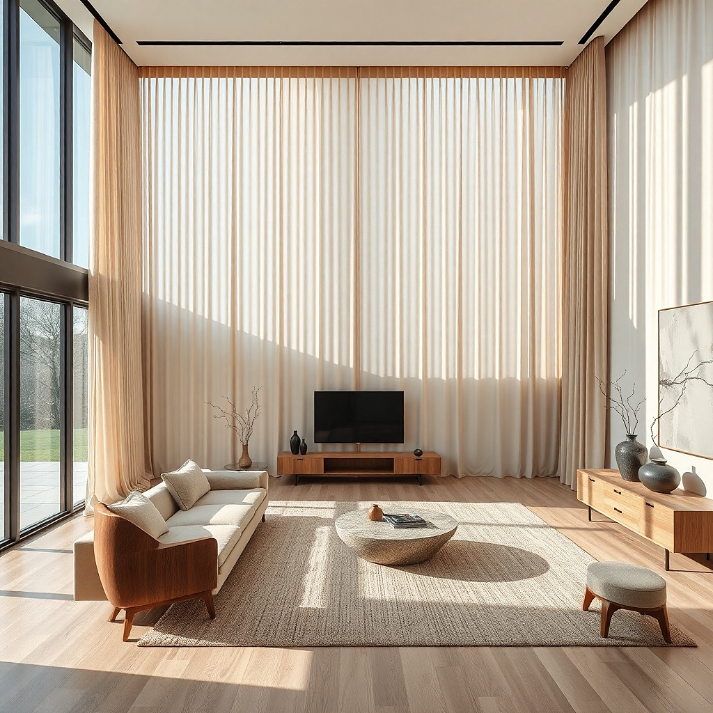 Beige striped sheer curtains in a bright small apartment living room