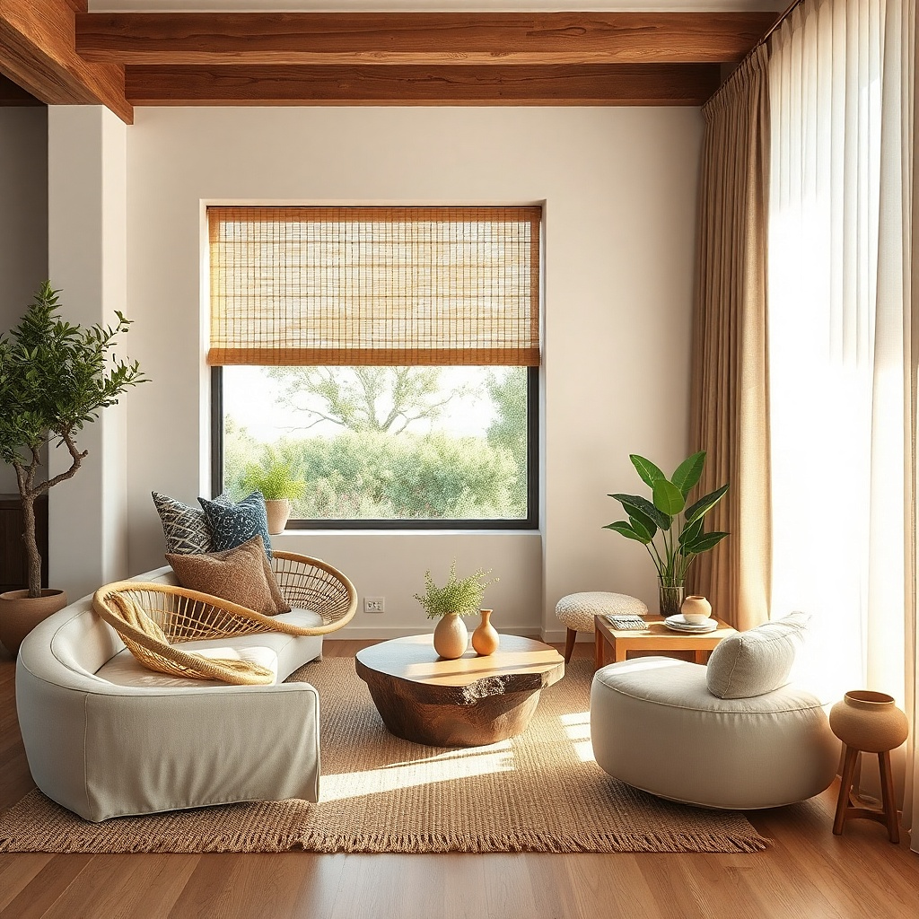 Natural beige bamboo shade with soft beige drapes in a small living room