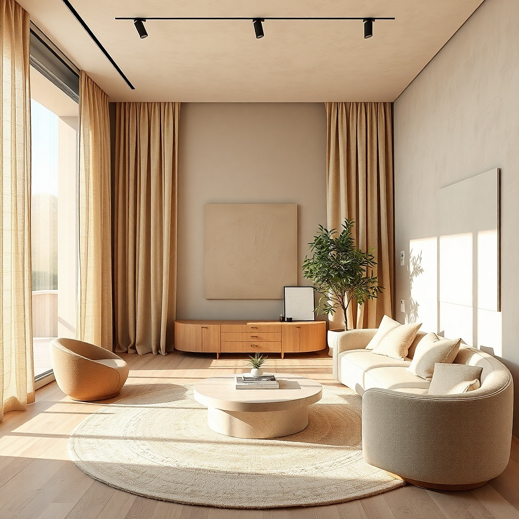 Beige curtains blending with beige walls in a small apartment living room