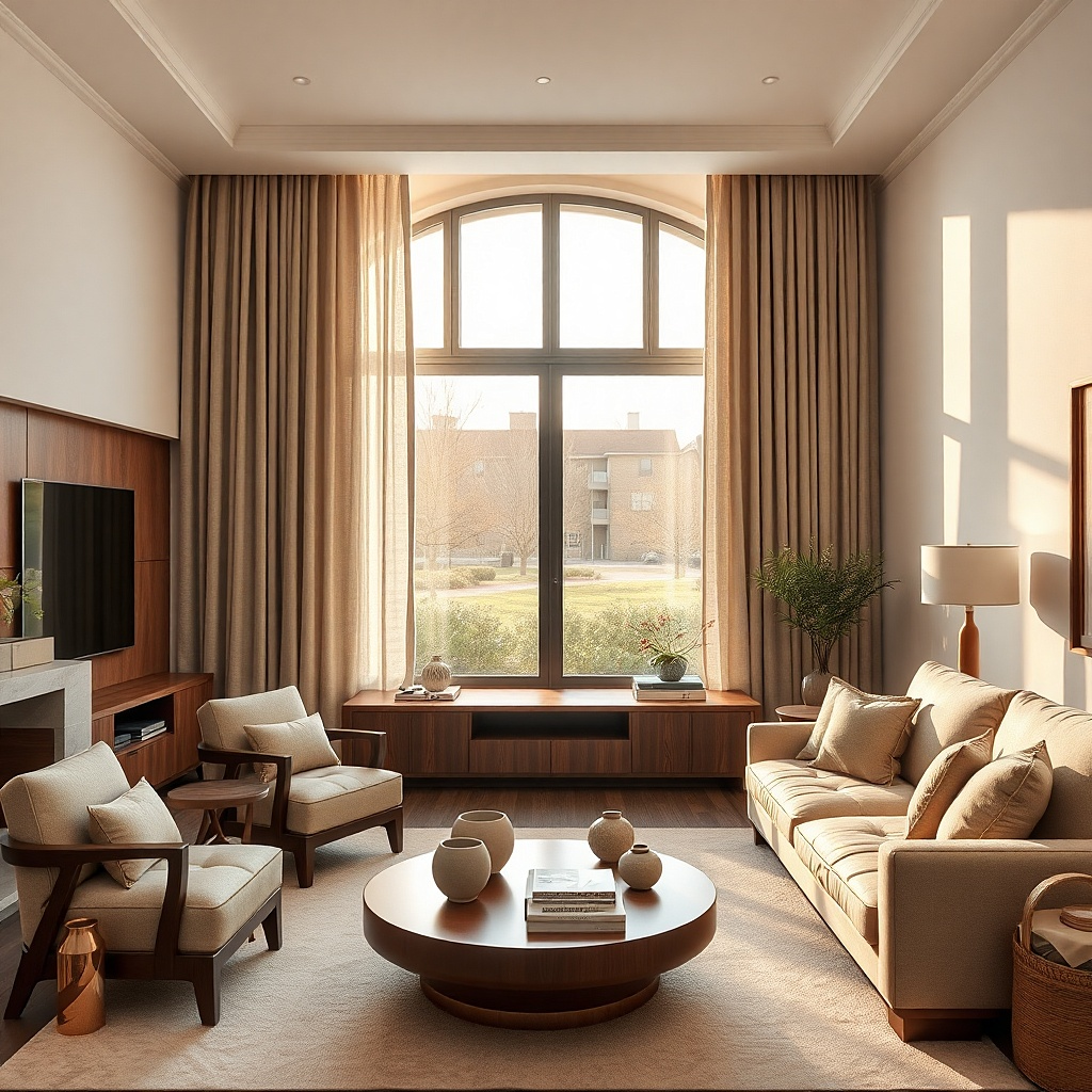 Airy beige curtains with hidden blackout lining in a small living room