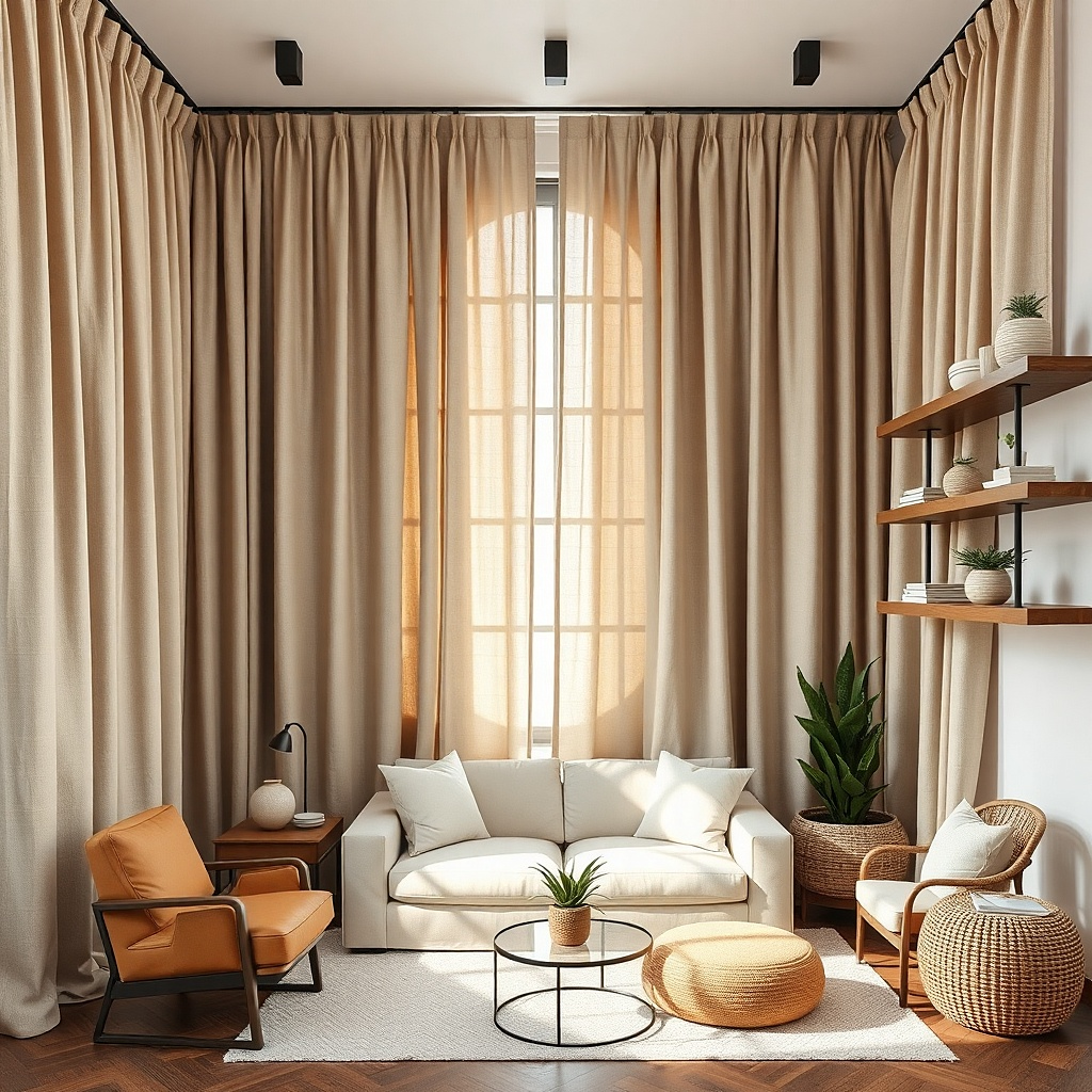 Wall-to-wall beige curtains behind a sofa in a small apartment living room