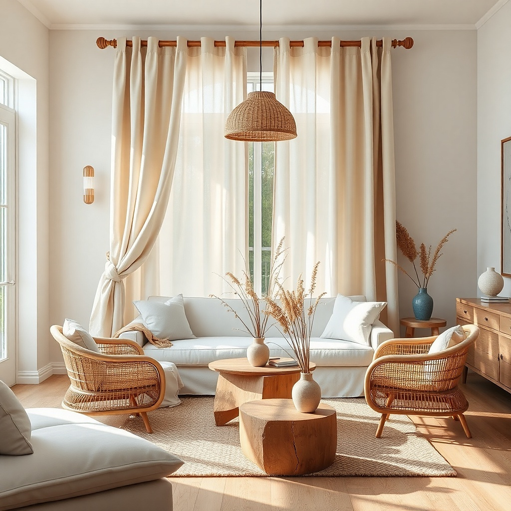 Sand beige tab-top curtains in a relaxed apartment living room