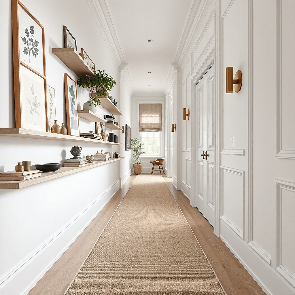 Slim wall ledges stacked vertically in a narrow white hallway