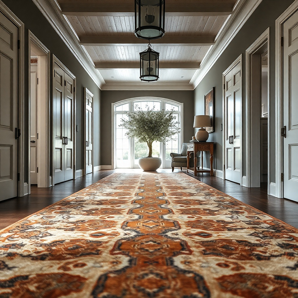 Long patterned runner centered in a narrow hallway with white walls