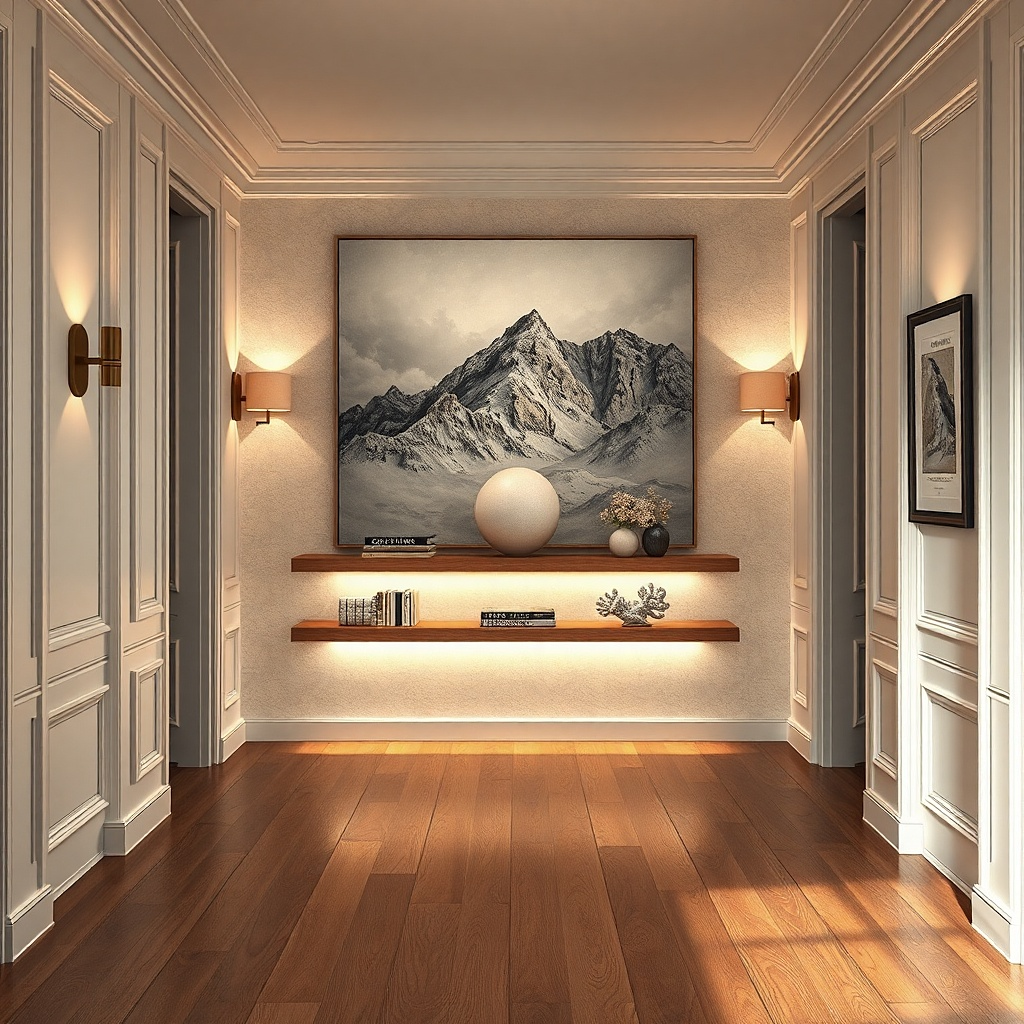 Large framed artwork at the end of a narrow hallway
