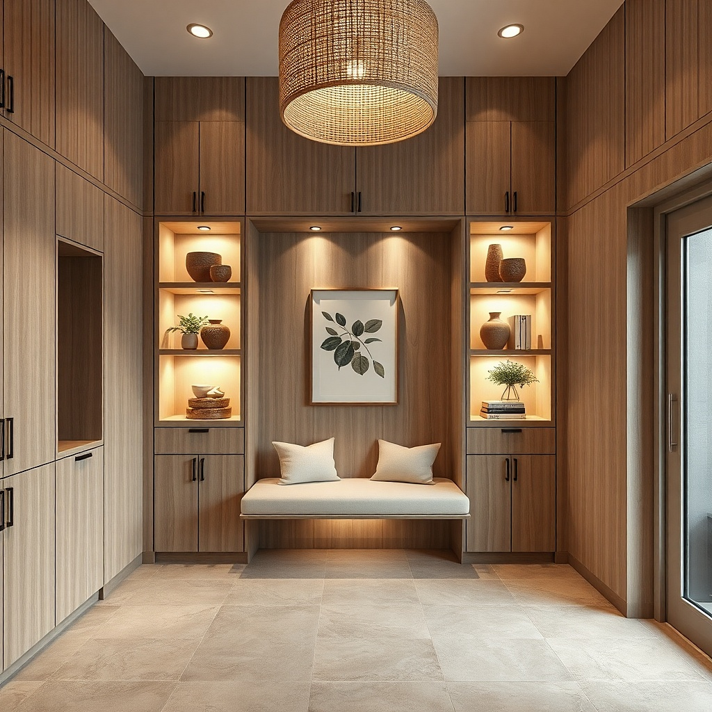 Slim cane-front storage cabinets lining one hallway wall