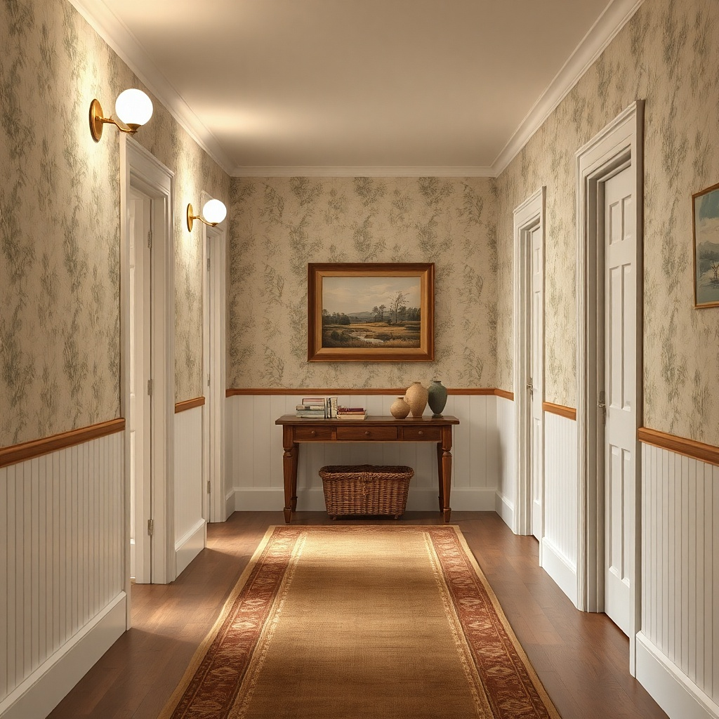 Hallway with white half-wall paneling and soft patterned wallpaper