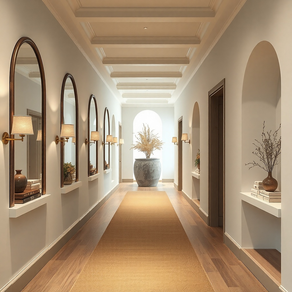 Round mirror and brass wall sconces in a dim hallway