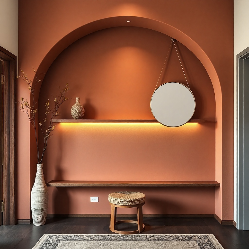 Soft terracotta painted arch framing a hallway doorway