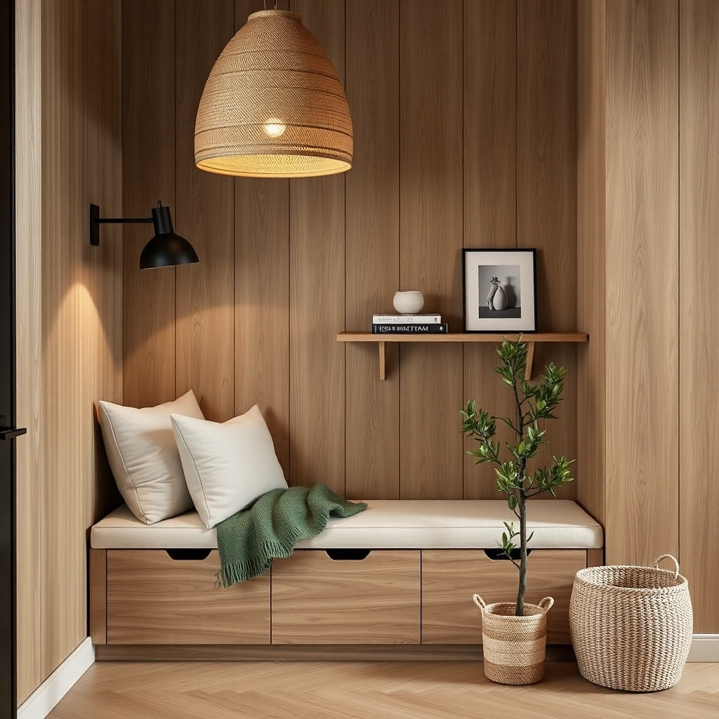 Small wood bench with cushion and art in a hallway alcove
