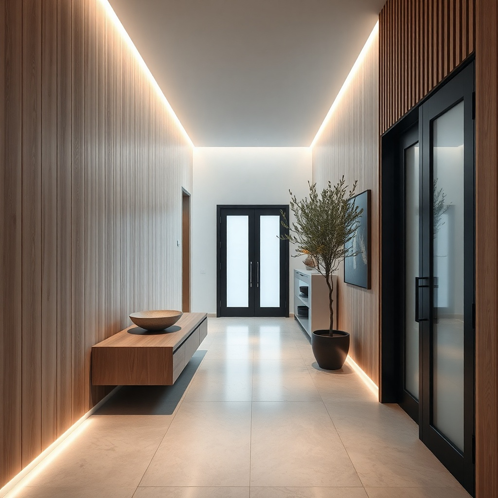Hallway with vertical beadboard painted soft greige