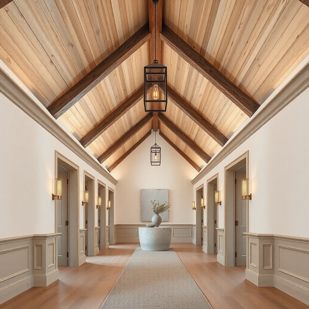 Hallway ceiling covered in subtle patterned wallpaper