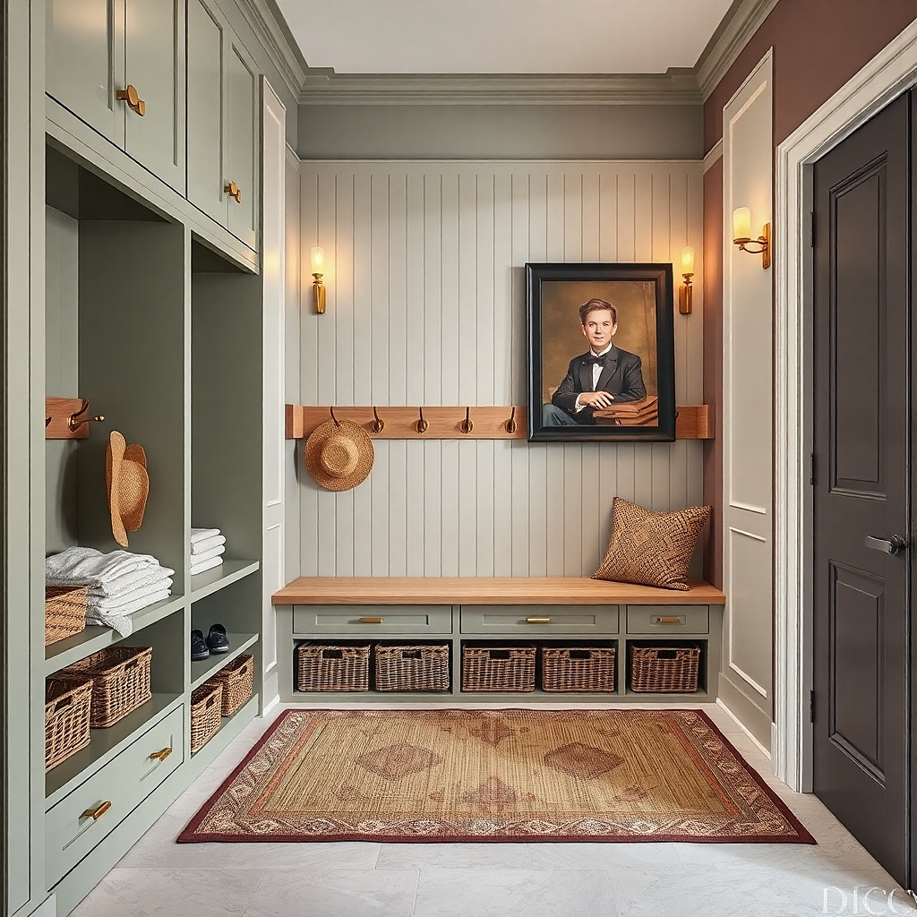Painted wall rail with brass hooks in a family hallway