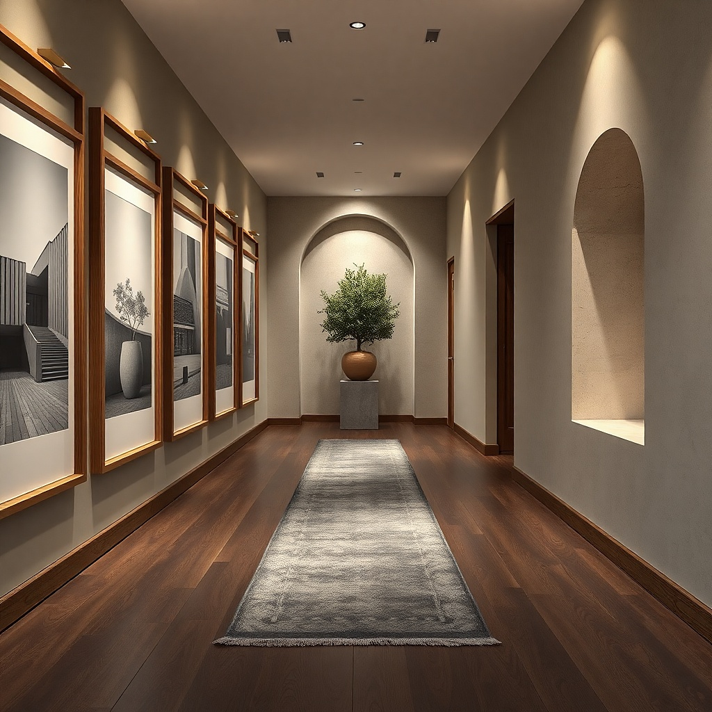 Long hallway with matching black frames in a neat gallery wall