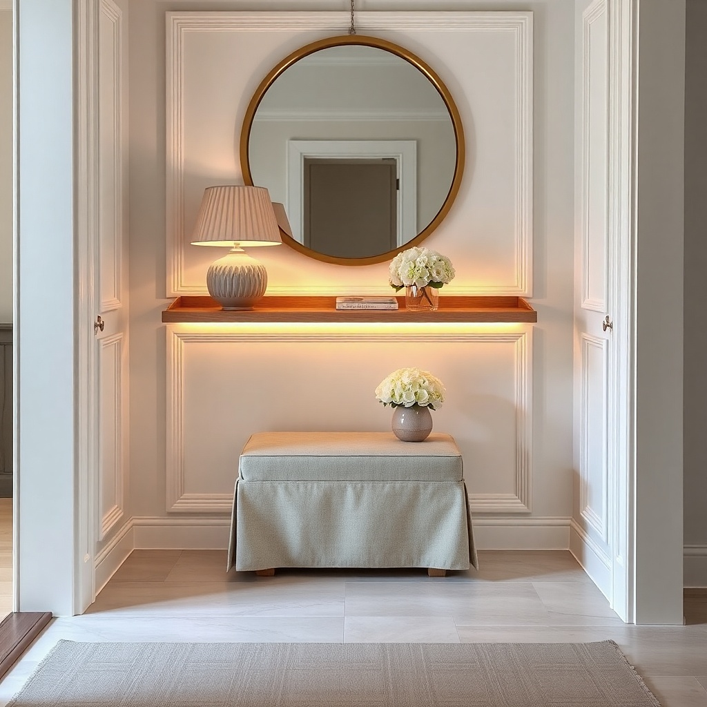 Floating shelf with small lamp and tucked stool in a narrow hallway