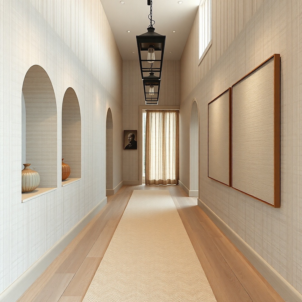 Soft beige tone-on-tone striped walls in a narrow hallway