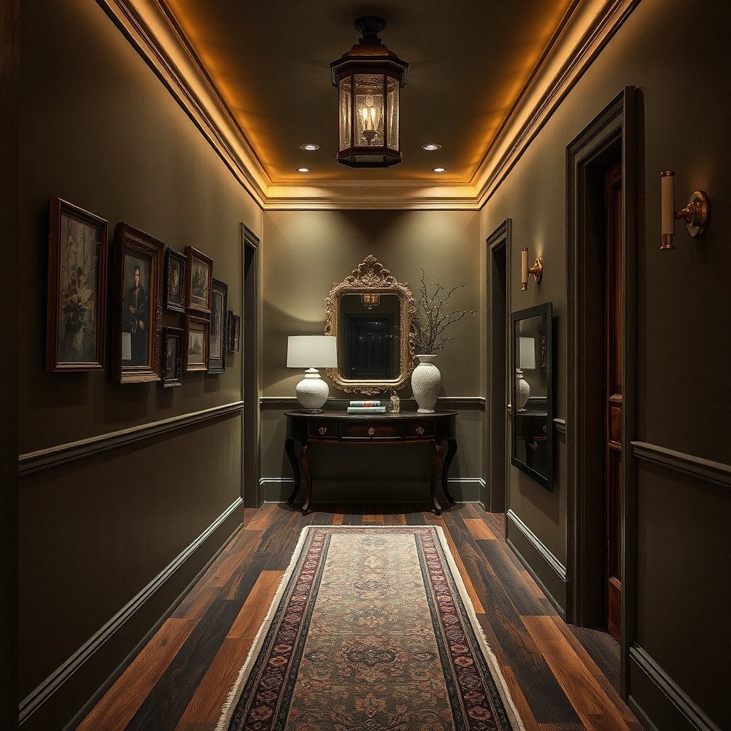 Small hallway with brass lantern light and dark blue walls