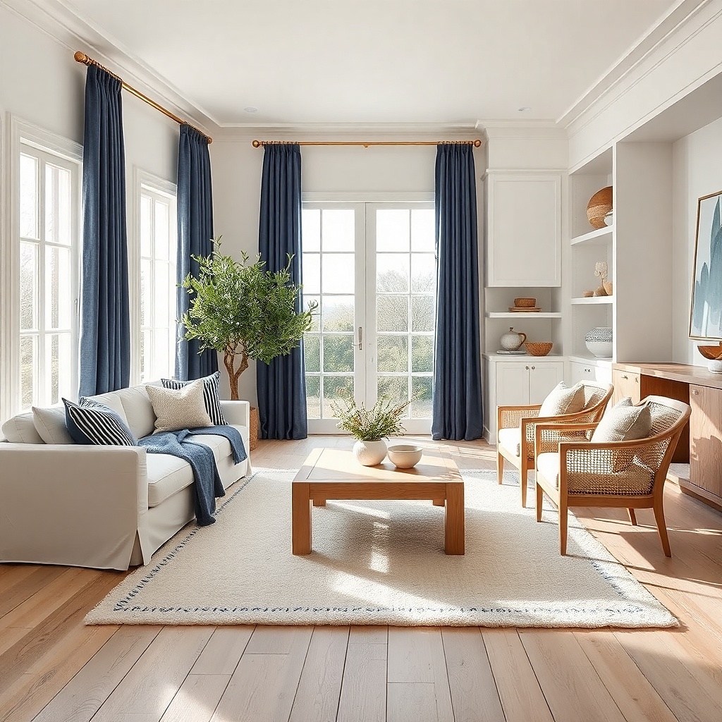 Navy linen curtains on a brass rod in a warm white living room