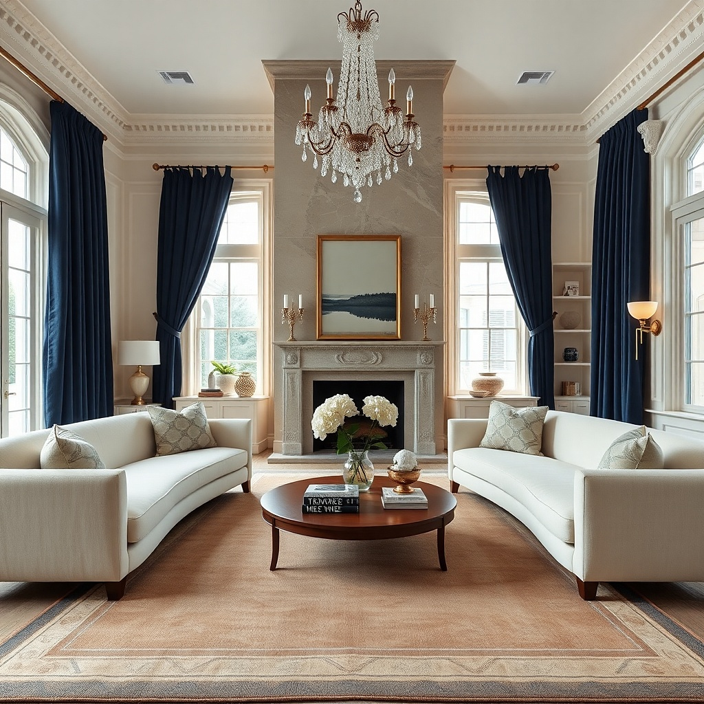 Navy velvet side panels with oat sheer curtains in the center