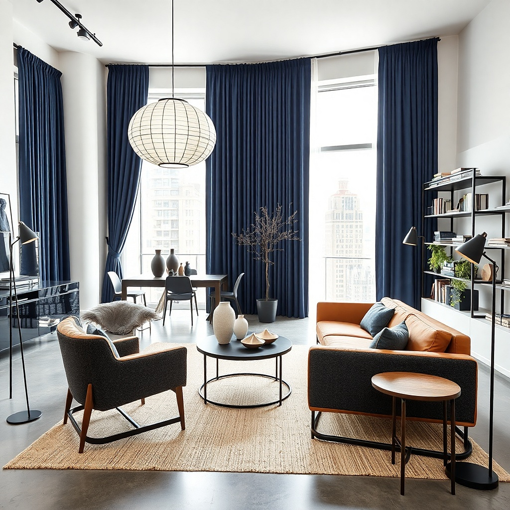 Pinch-pleat navy curtains hung on a slim black curtain rod