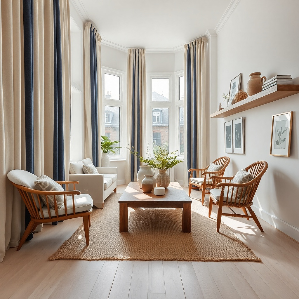 Navy and ivory striped curtains in a bright narrow living room