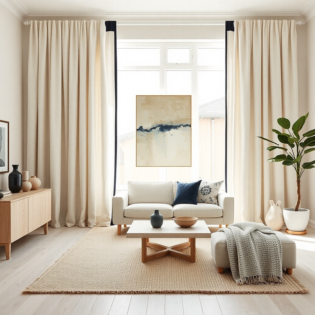 Flax curtains with a wide navy band at the leading edge
