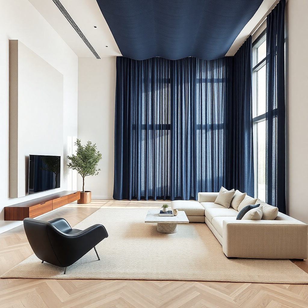 Navy drapes hung from a ceiling track in a modern living room