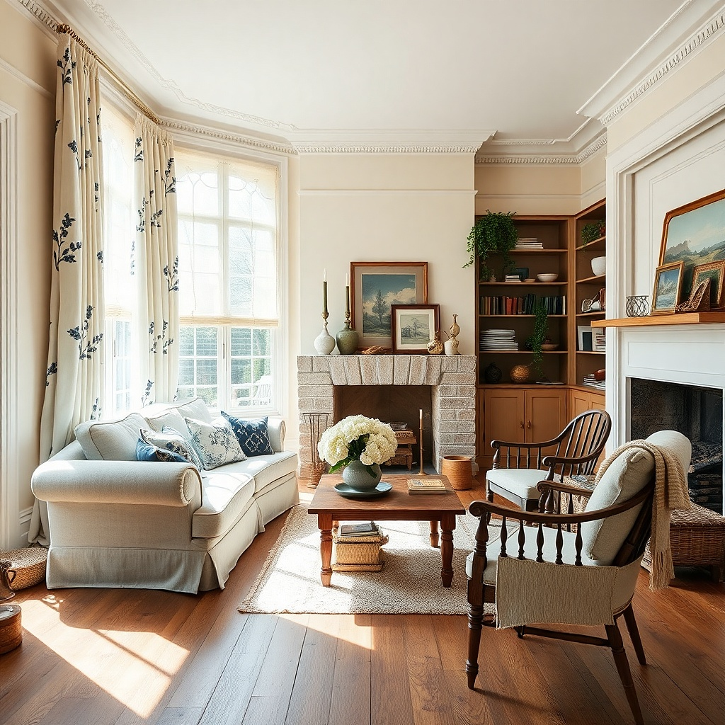 Off-white curtains with navy floral print beside a bright sofa