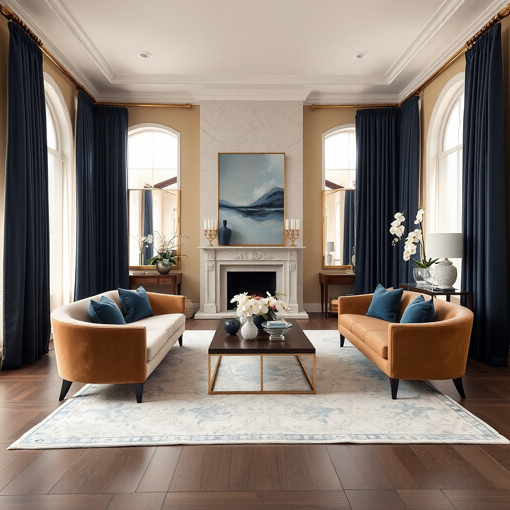 Navy faux silk curtains against soft champagne-colored walls